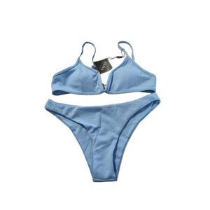 Zaful sky light blue v-front padded ribbed cheeky skimpy bikini swimsuit 8